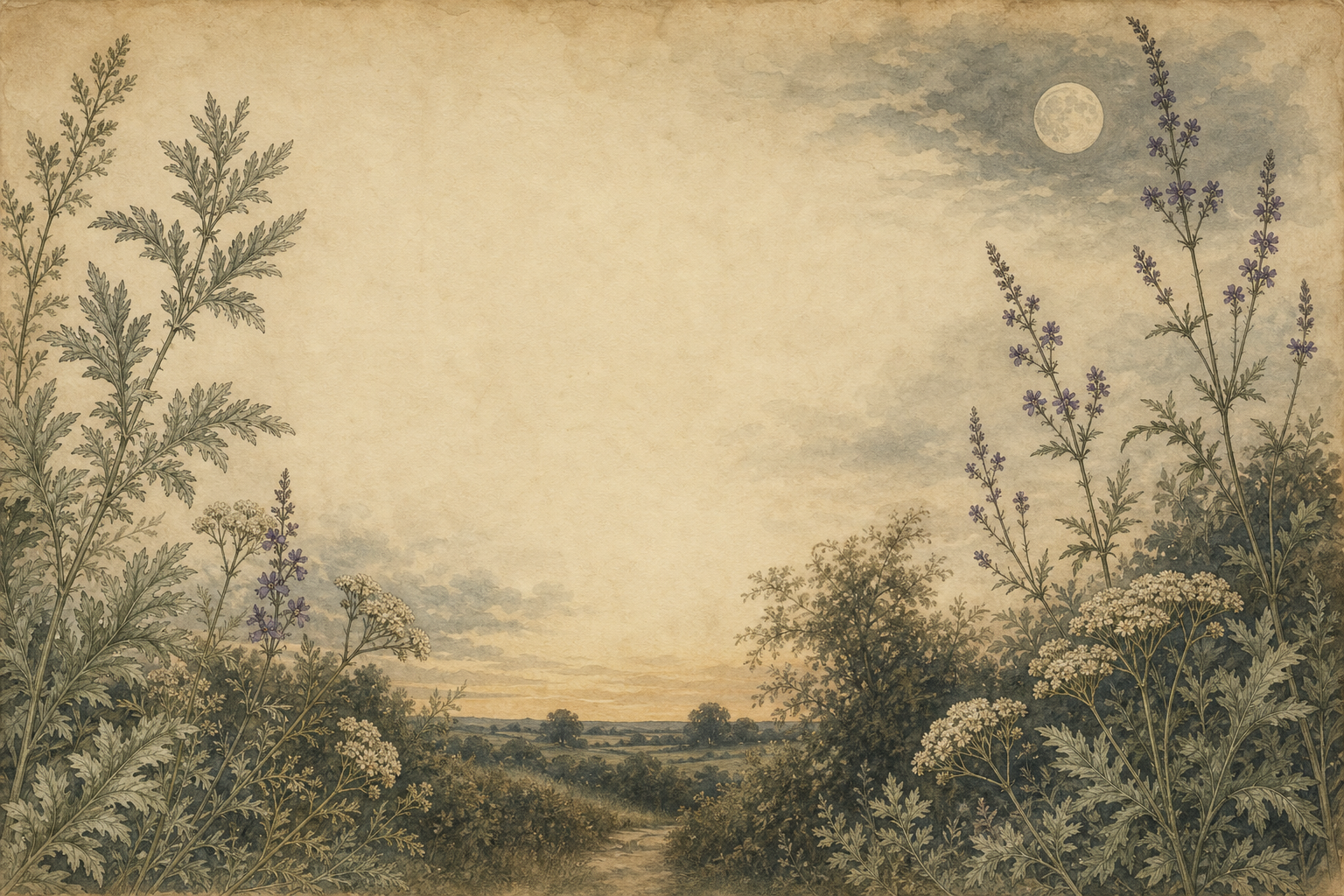 Illustrated hedgerow at dusk