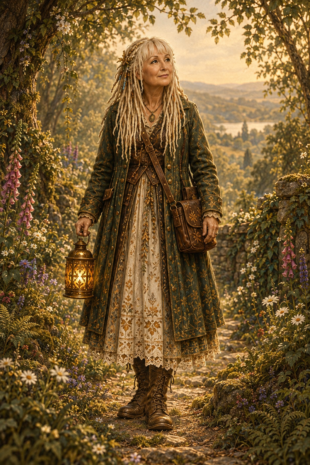 The Keeper walking through a botanical woodland with her lantern